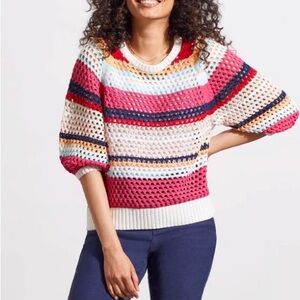 Boutique Tribal Multicolor Open Crochet Knit 3/4 Sleeve Sweater Shirt
